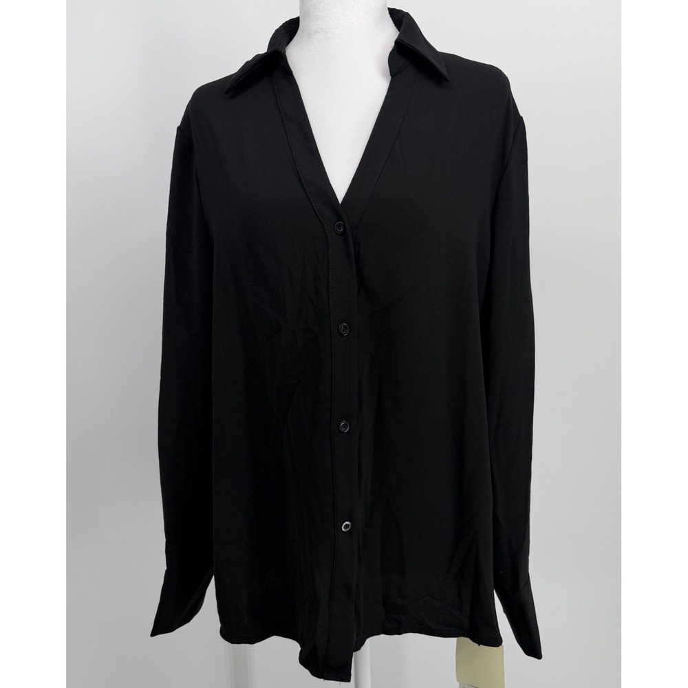 Halara Womens Long Sleeve Button Down Blouse Black V-Neck Stretch Top Large NWT